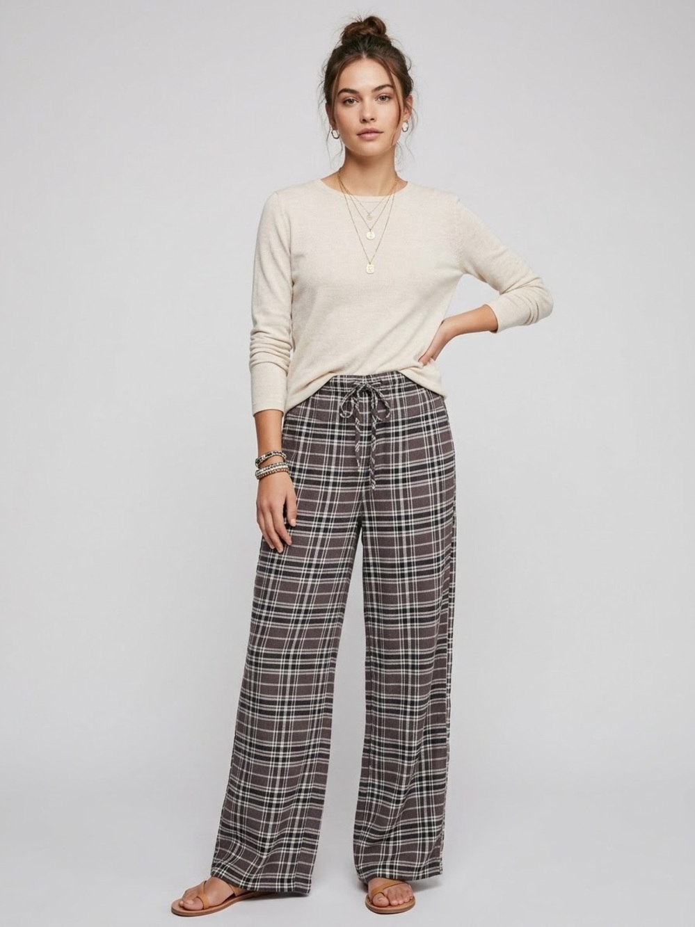 Free People Charcoal Plaid Wide Leg Drawstring Pants Seersucker Stretch Size XS